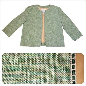Oscar de la Renta Vintage Wool Blend Green & Gold Tweed Open Blazer Jacket